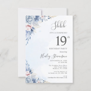 Watercolor Dusty Blue Surprise 19th Birthday Party Invitation