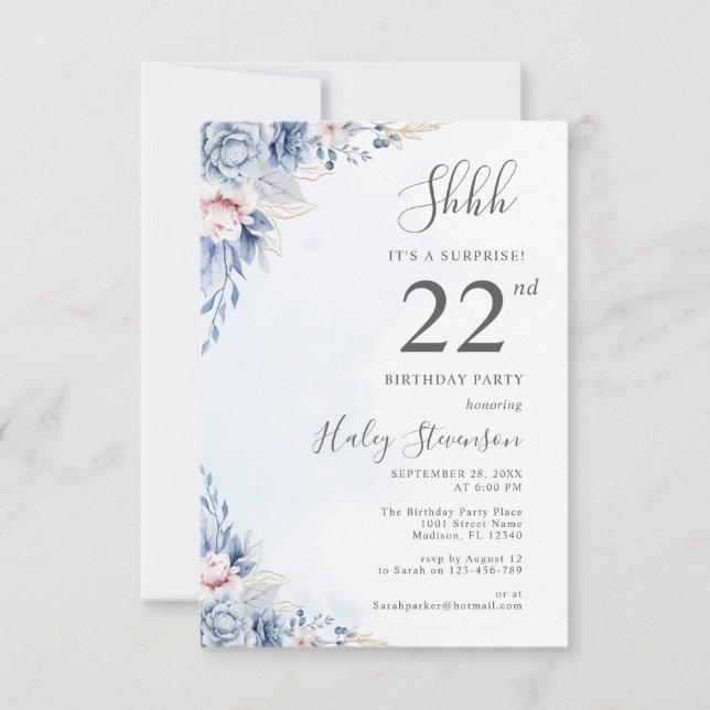 Watercolor Dusty Blue Surprise 22nd Birthday Party Invitation (Front)