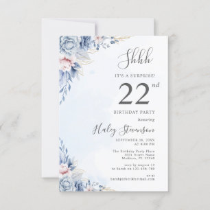 Watercolor Dusty Blue Surprise 22nd Birthday Party Invitation