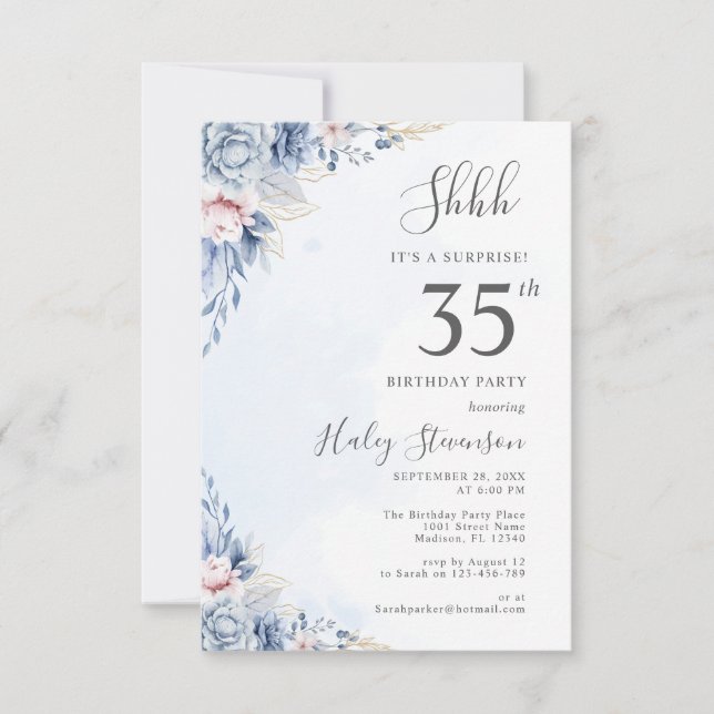 Watercolor Dusty Blue Surprise 35th Birthday Party Invitation (Front)