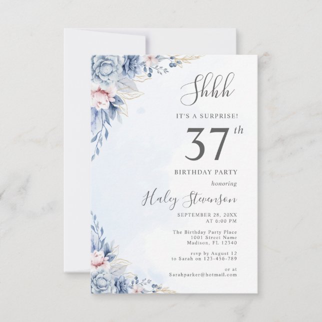 Watercolor Dusty Blue Surprise 37th Birthday Party Invitation (Front)