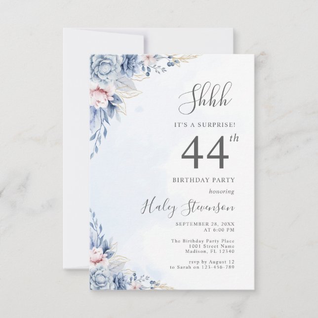 Watercolor Dusty Blue Surprise 44th Birthday Party Invitation (Front)