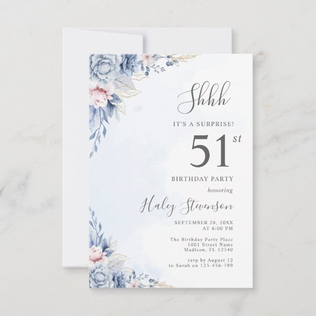 Watercolor Dusty Blue Surprise 51st Birthday Party Invitation (Front)