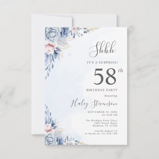 Watercolor Dusty Blue Surprise 58th Birthday Party Invitation (Front)