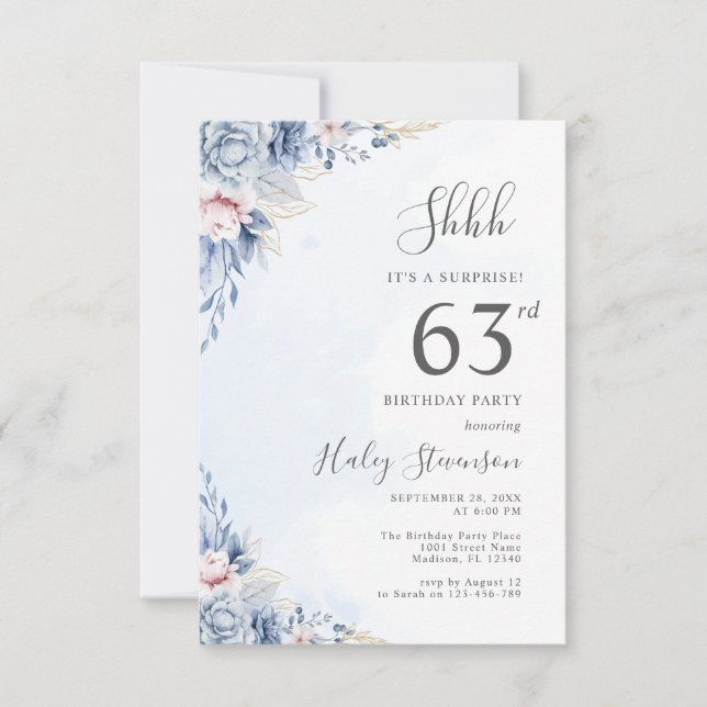 Watercolor Dusty Blue Surprise 63rd Birthday Party Invitation (Front)