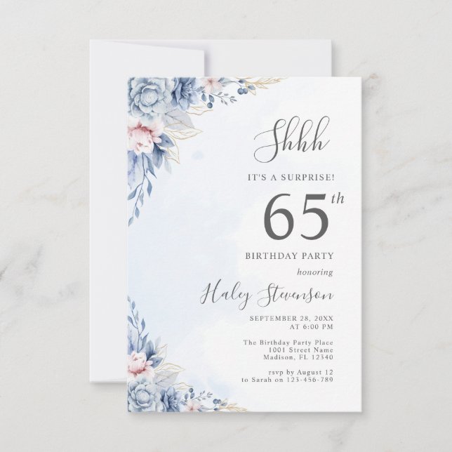 Watercolor Dusty Blue Surprise 65th Birthday Party Invitation (Front)