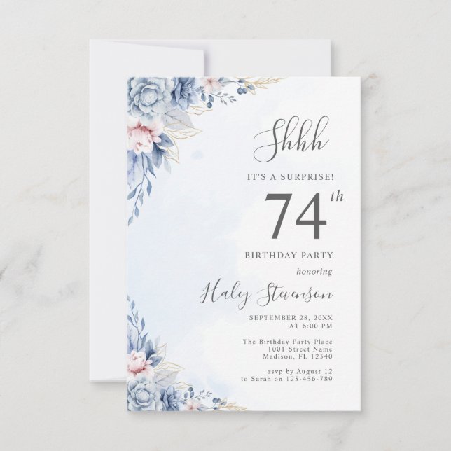Watercolor Dusty Blue Surprise 74th Birthday Party Invitation (Front)