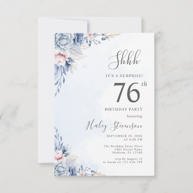 Watercolor Dusty Blue Surprise 76th Birthday Party Invitation (Front)