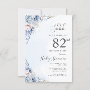 Watercolor Dusty Blue Surprise 82nd Birthday Party Invitation