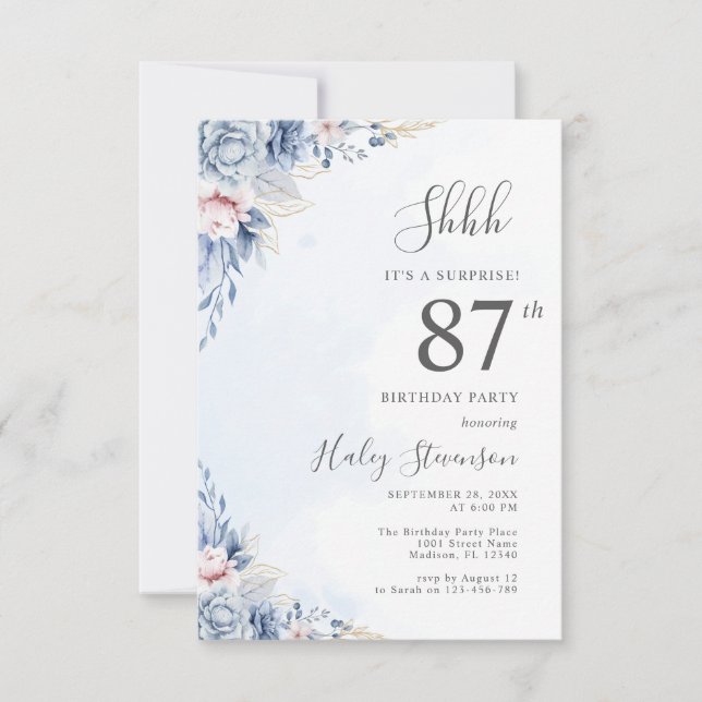Watercolor Dusty Blue Surprise 87th Birthday Party Invitation (Front)