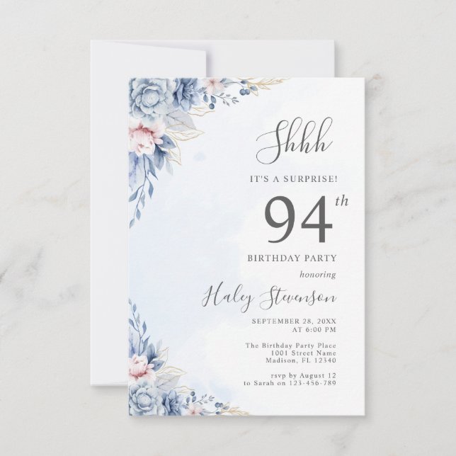 Watercolor Dusty Blue Surprise 94th Birthday Party Invitation (Front)