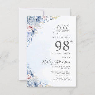 Watercolor Dusty Blue Surprise 98th Birthday Party Invitation