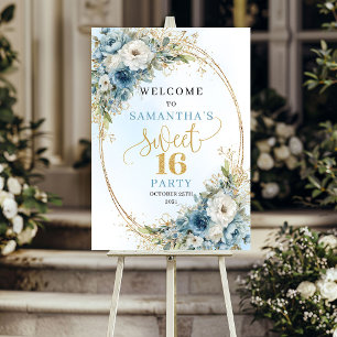 Watercolor Dusty Blue Sweet 16 Welcome Poster