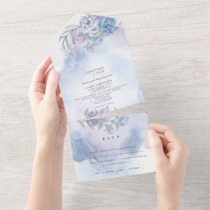 Watercolor Dusty Blue Very Peri Floral  All In One All In One Invitation