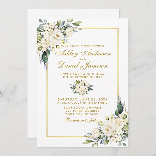 Watercolor Dusty Blue White Floral Photo Wedding Invitation (Front/Back)
