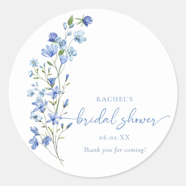 Watercolor Dusty Blue Wildflower Bridal Shower  Classic Round Sticker (Front)