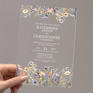 Watercolor Dusty Blue Wildflower Elegant Wedding Acrylic Invitations