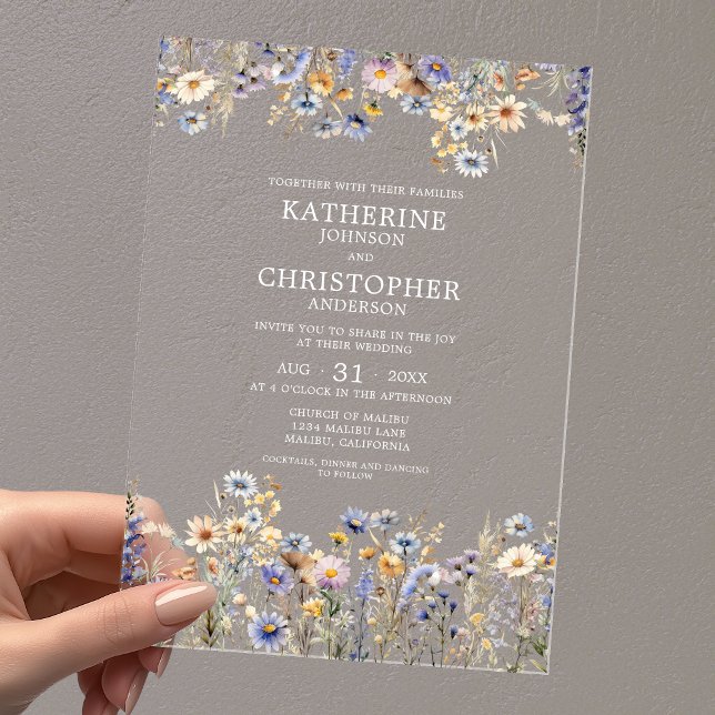 Watercolor Dusty Blue Wildflower Elegant Wedding Acrylic Invitations (Watercolor Dusty Blue Wildflowers Wedding Acrylic Invitation with Couple First Last Names in White.)