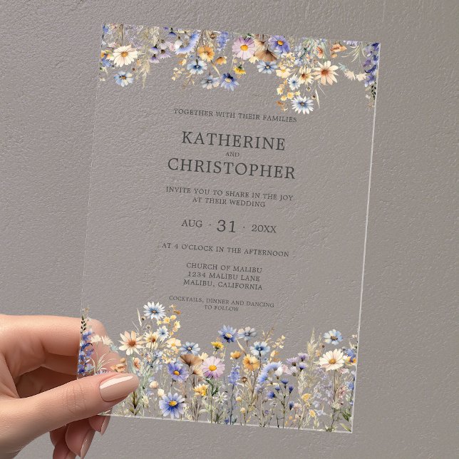 Watercolor Dusty Blue Wildflower Elegant Wedding Acrylic Invitations (BOHO Dusty Blue Watercolor Wildflowers Elegant Clear Acrylic Wedding Invitation with Black Text.
)