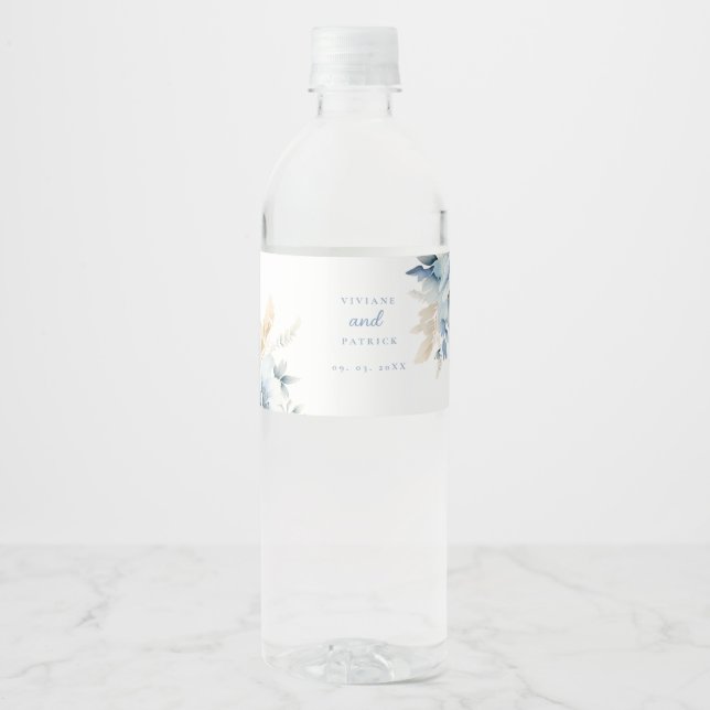 Watercolor dusty blue wildflower wedding water bottle label (Front)