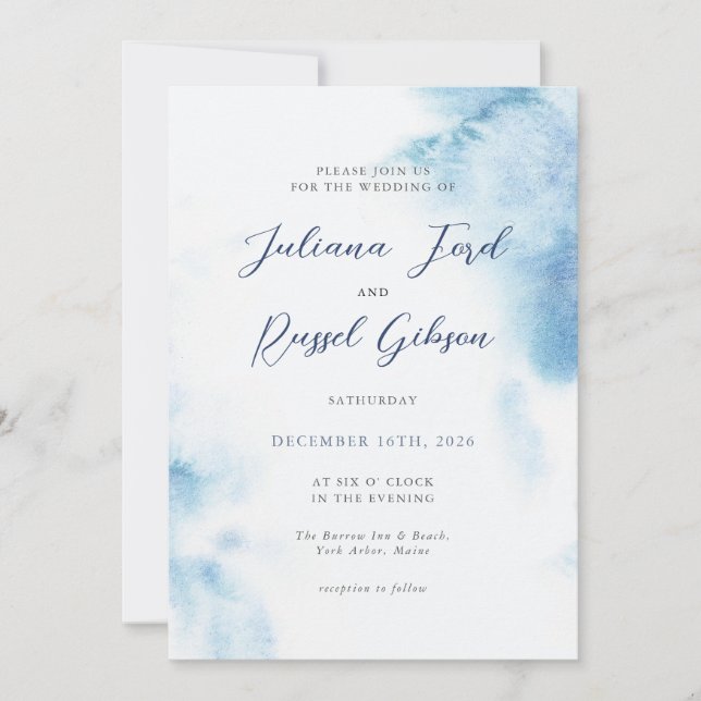 Watercolor Dusty Blue Winter Wedding Invitation (Front)