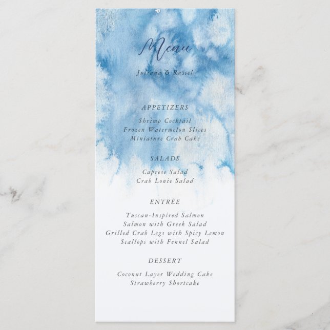 Watercolor Dusty Blue Winter Wedding Menu (Front)