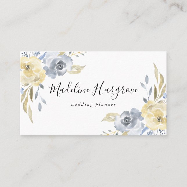 Watercolor Dusty Blue & Yellow Floral Business Card (Front)