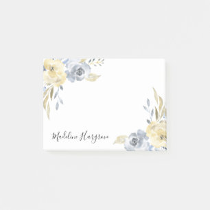 Watercolor Dusty Blue & Yellow Floral Personalised Post-it Notes