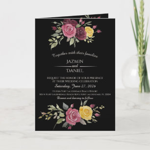 Watercolor  Dusty Country Burgundy Roses On Black Invitation
