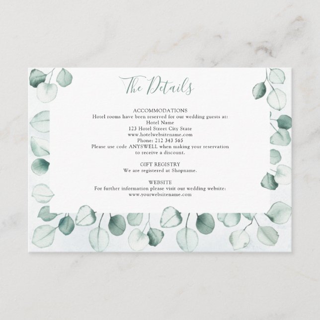 Watercolor Dusty Eucalyptus Leaf Wedding Details Enclosure Card (Front)