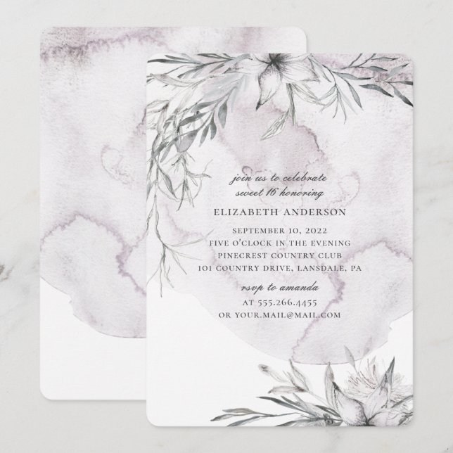 Watercolor dusty floral Sweet 16. Pale flowers Invitation (Front/Back)