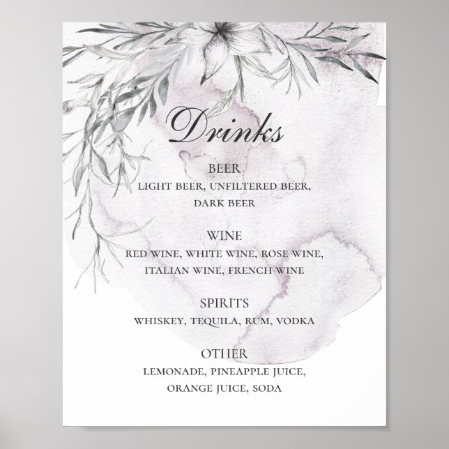 Watercolor dusty flower. Floral wedding drinks bar Poster (Front)
