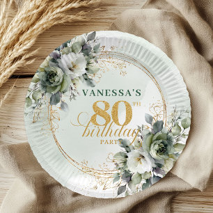 Watercolor Dusty Green 80th Birthday Botanical   Paper Plate