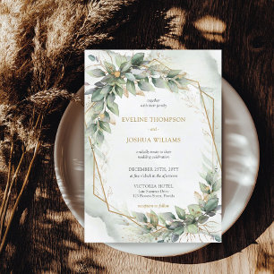 Watercolor dusty green eucalyptus and gold wedding invitation