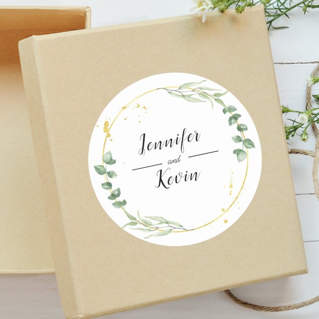 Watercolor Dusty Greenary Leaf Gold Wedding  Classic Round Sticker (Creator Uploaded)