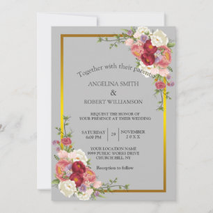 Watercolor Dusty Grey Gold Blush Pink Peach Floral Invitation