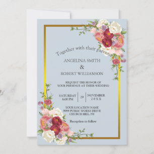 Watercolor Dusty Grey Gold Blush Pink Peach Floral Invitation
