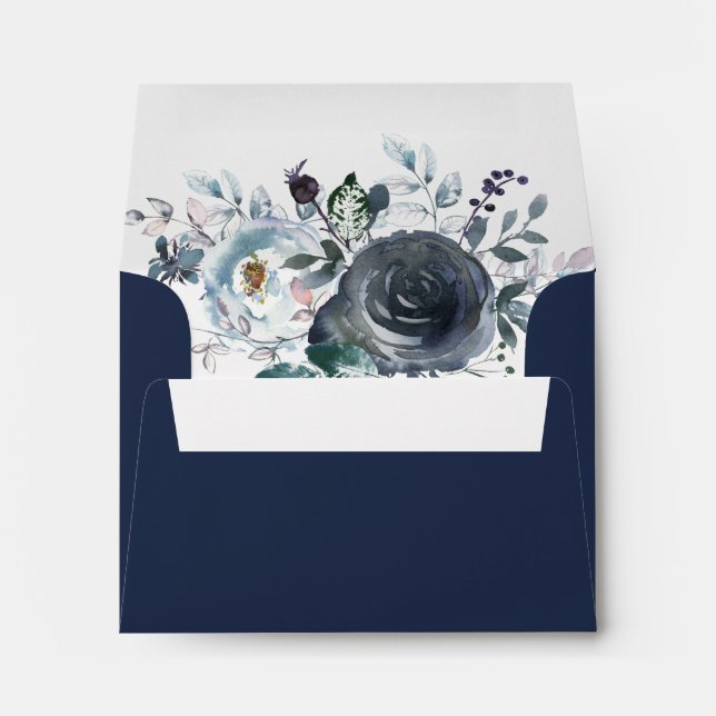 Watercolor Dusty Navy Blue Floral RSVP Wedding Envelope (Back (Bottom))