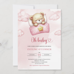 Watercolor dusty pink and ivory girl teddy bear  invitation