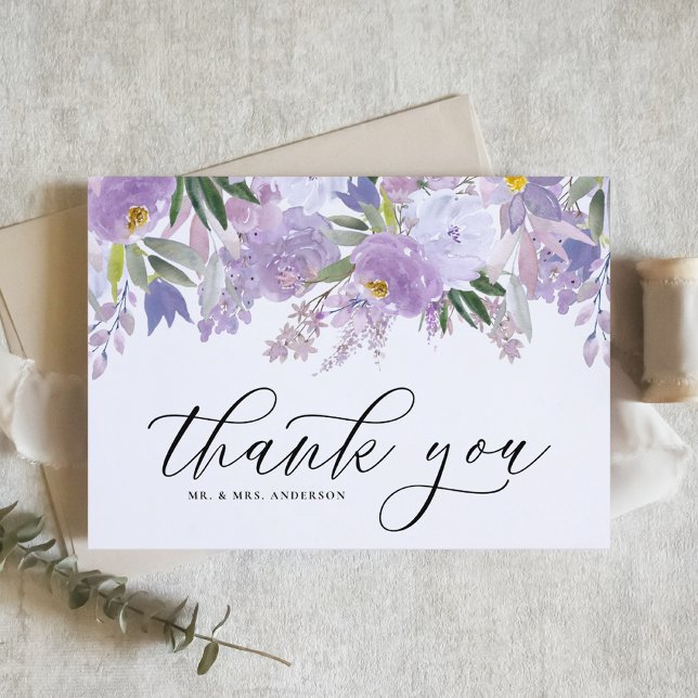 Watercolor Dusty Purple Flowers Garland Wedding Thank You Card (Creator Uploaded)