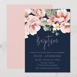 Watercolor Dusty Rose Beautiful Baptism Navy Blue Invitation