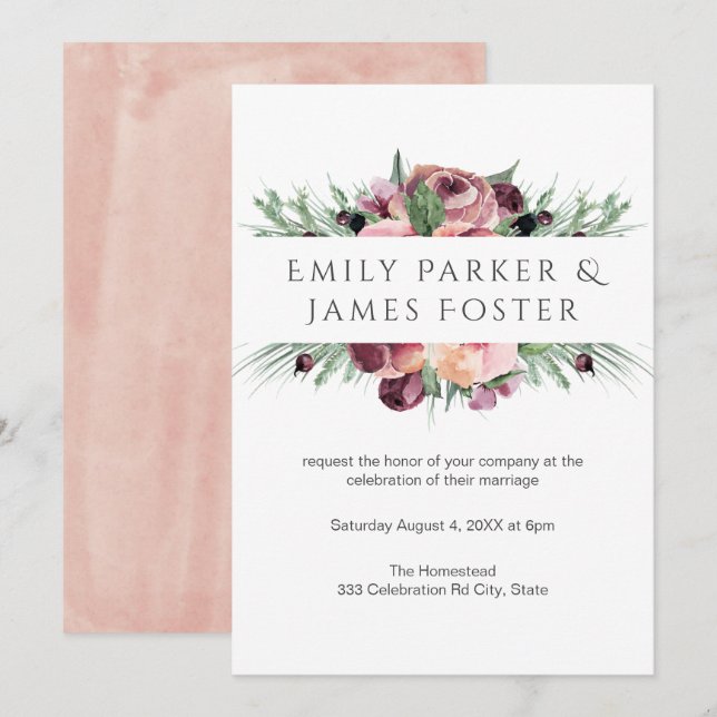 Watercolor Dusty Rose Burgundy Floral Wedding Invitation (Front/Back)
