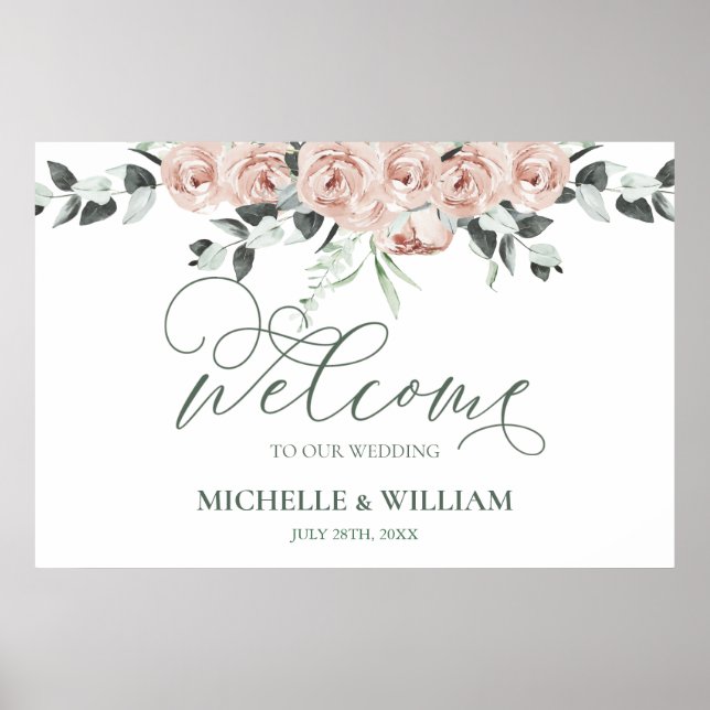 Watercolor Dusty Rose Eucalyptus Wedding Welcome Poster (Front)