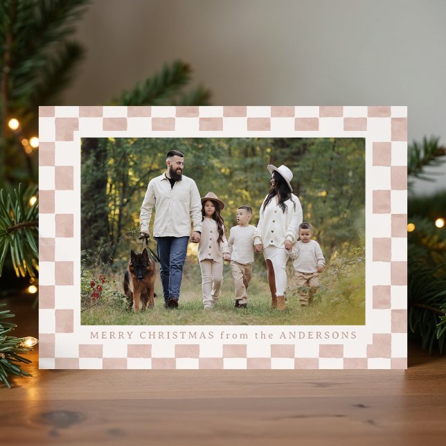 Watercolor Dusty Rose Gingham Christmas Photo Holiday Card (Creator Uploaded)