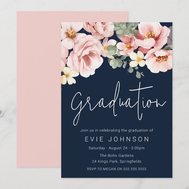 Watercolor Dusty Rose Navy Graduation Invitation (Front/Back)