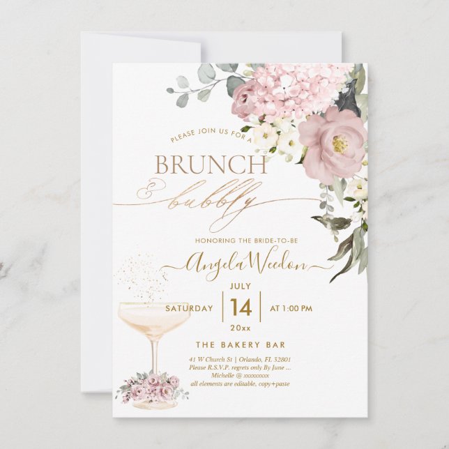 Watercolor Dusty Roses Hydrangea Brunch Bubbly  Invitation (Front)