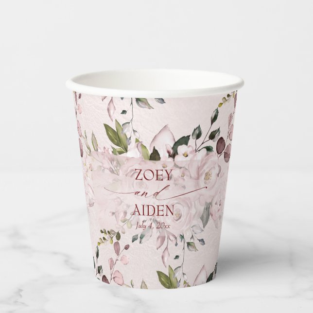 Watercolor Dusty Roses Hydrangeas DIY background Paper Cups (Front)