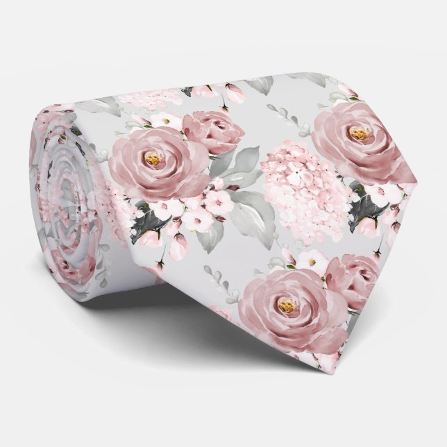 Watercolor Dusty Roses Hydrangeas DIY background Tie (Rolled)