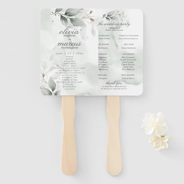 Watercolor Dusty Sage Foliage Program Hand Fan (Front and Back)