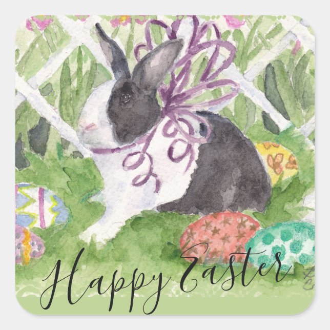 Watercolor Dutch Rabbit Easter Eggs Square Sticker (Front)